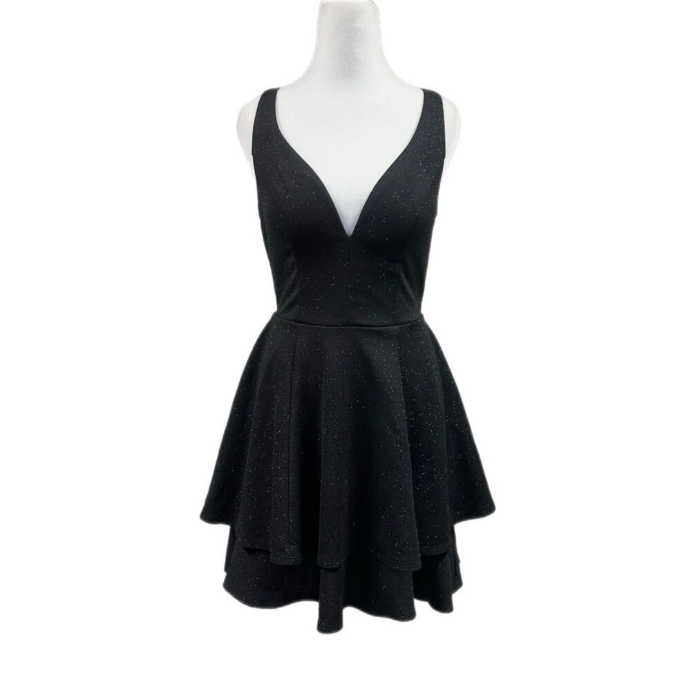 Emerald Sundae Glitter Layered Tie Cutout Back Plunge V Neck Mini Dress Sz M